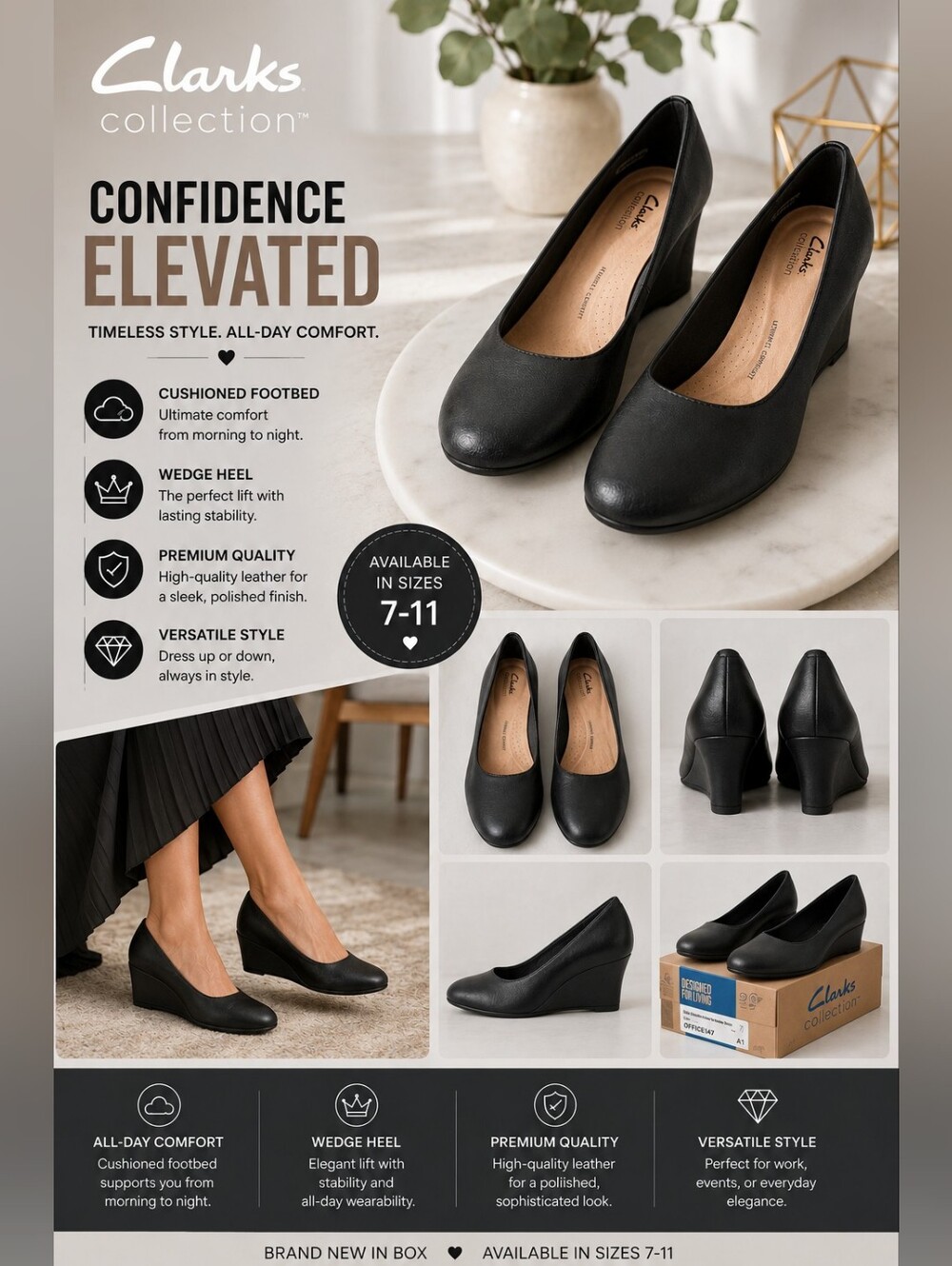 Clarks Collection Black Leather Wedge Pumps Womens Sizes 7-11 NIB Comfort
